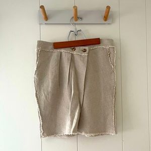 Michael Kors Women's Raw Edge Linen Mini Pencil Skirt Sz 6 Faux Wrap Button Tan